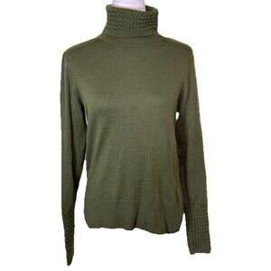 Women’s Green Wool Turtleneck Sweater Textured Knit Cuffs Cozy Minimalist Sz Lg